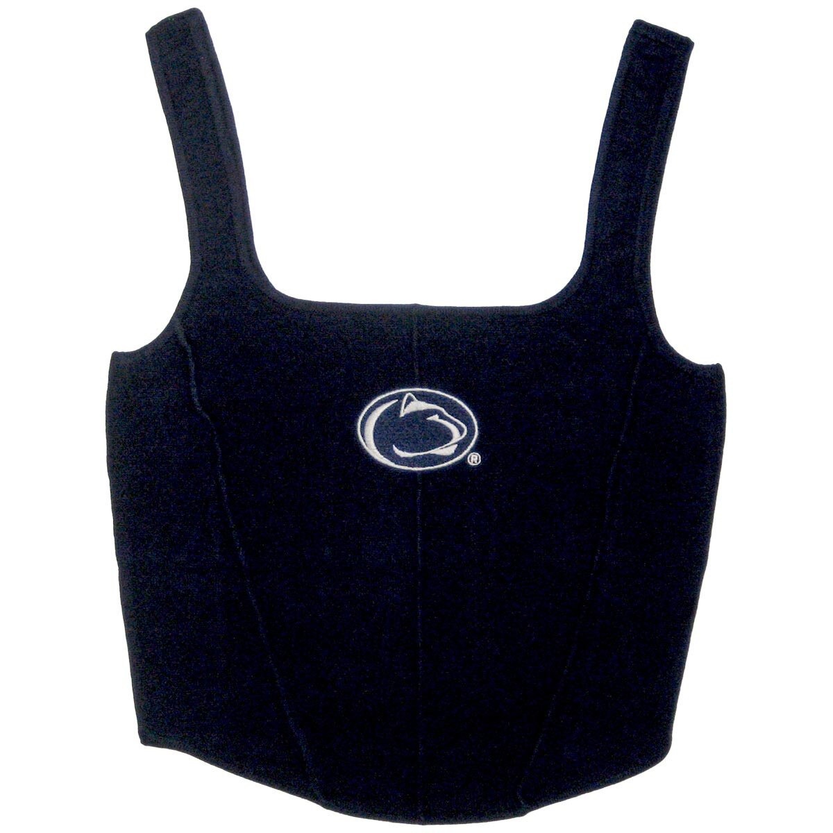 women's navy knit corset top with stitched Penn State Athletic Logo